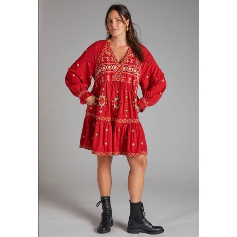 Anthropologie Embroidered Tunic Niamh Dress Red Motif Raglan Sleeve Tunic New M